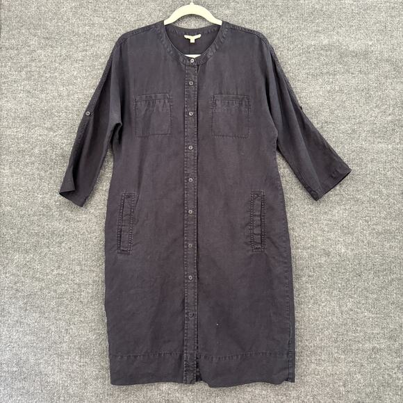 Eileen Fisher Organic Linen Shift Dress Womens Small Navy Button Front Minimal - Picture 1 of 14